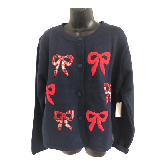 Dark Navy Blue and‎ red bow embroidered chunky knit cardigan size XL new - Picture 6 of 11